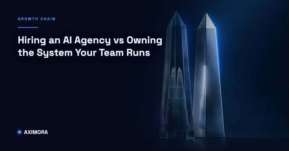 A decision diagram for hiring an AI agency vs owning the system your team runs, sorted by who actually fixes a break at 2am rather than by a cost comparison table.