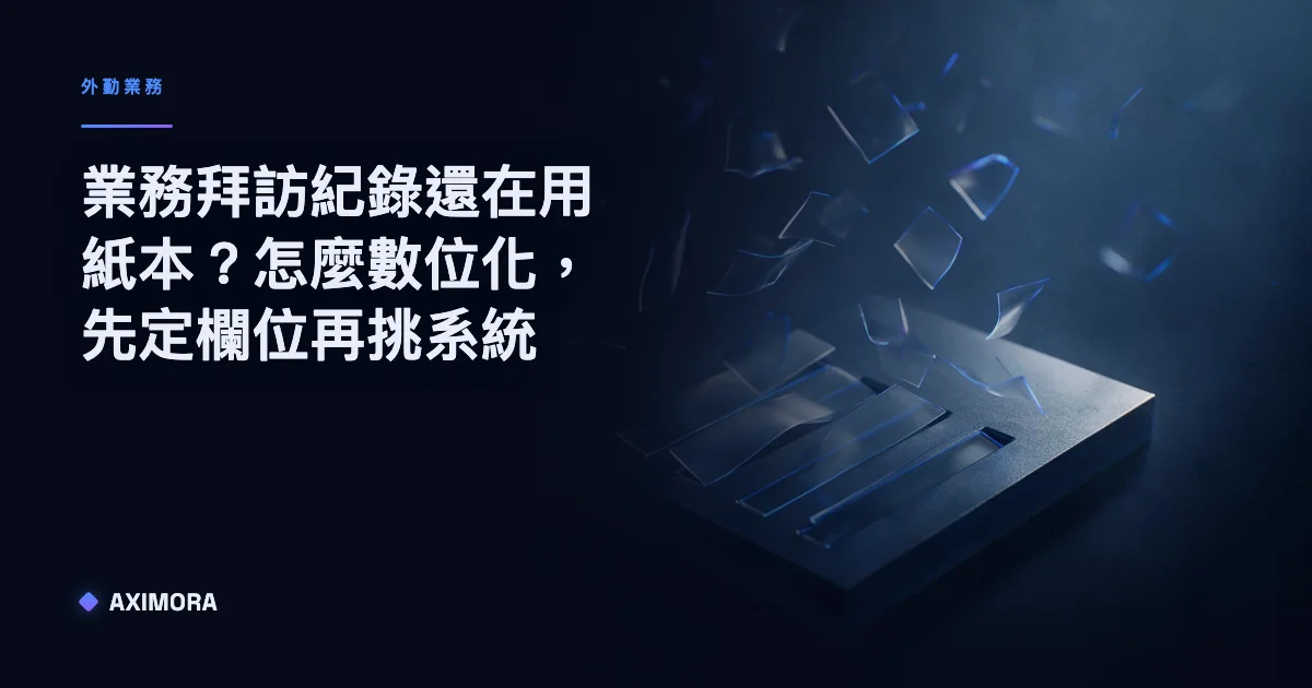 呈現業務拜訪紀錄從紙本記錄怎麼數位化為系統欄位的前後對照圖，標出四個必留欄位