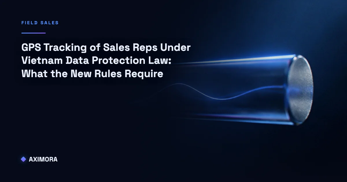 A four-step diagram showing what GPS tracking of sales reps under Vietnam data protection law changes inside a field sales app's consent, logging and data-handling screens.