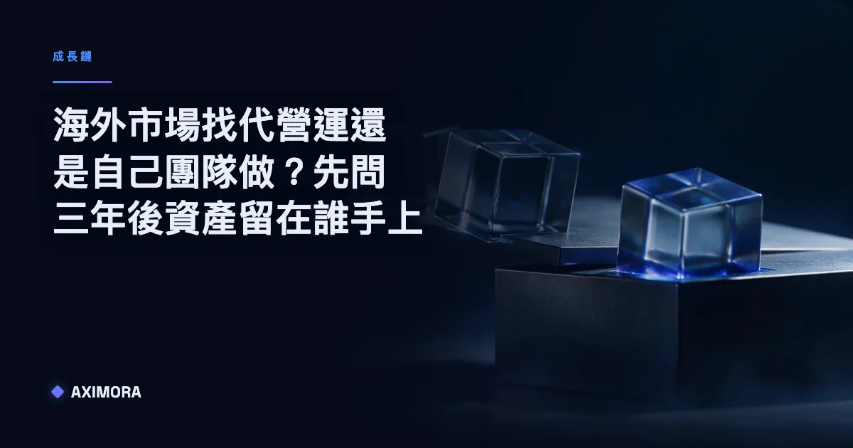 呈現海外市場找代營運還是自己團隊做的資產歸屬比較示意圖，比較三年後帳號、素材與客戶名單分別留在誰手上