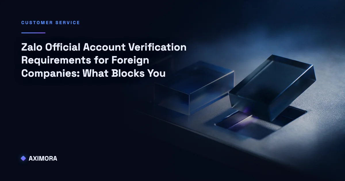 A foreign company reviewing zalo official account verification requirements for foreign companies against a Vietnamese business license, an ID card, and a local phone number.